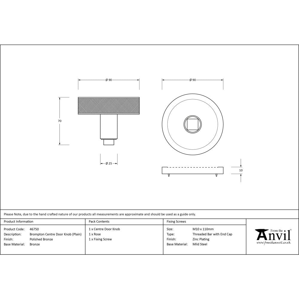 This is an image showing From The Anvil - Polished Bronze Brompton Centre Door Knob (Plain) available from trade door handles, quick delivery and discounted prices