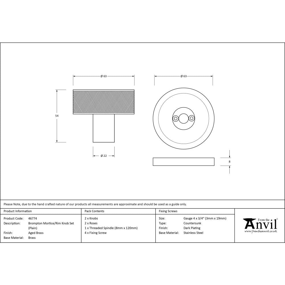 This is an image showing From The Anvil - Aged Brass Brompton Mortice/Rim Knob Set (Plain) available from trade door handles, quick delivery and discounted prices