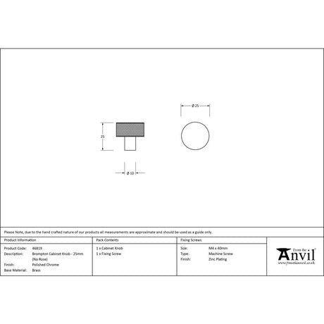 This is an image showing From The Anvil - Polished Chrome Brompton Cabinet Knob - 25mm (No rose) available from trade door handles, quick delivery and discounted prices