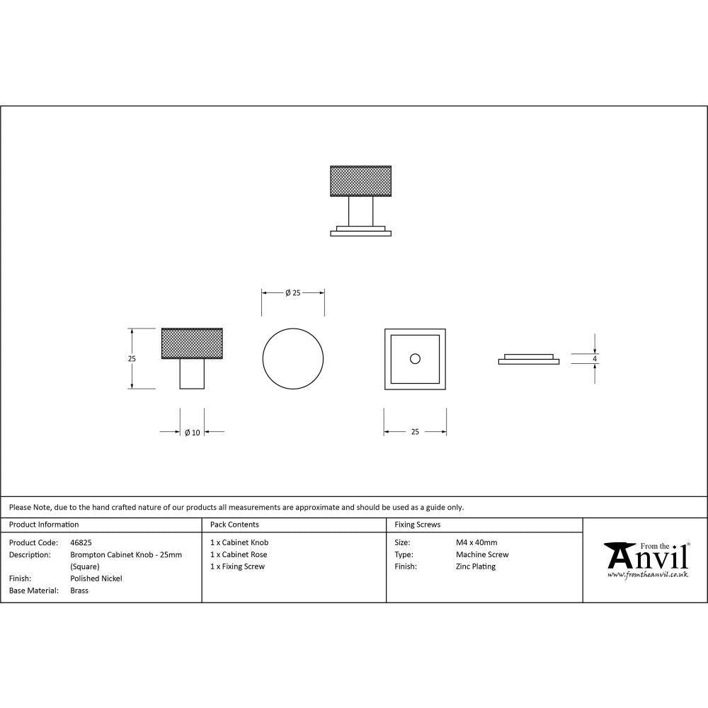 This is an image showing From The Anvil - Polished Nickel Brompton Cabinet Knob - 25mm (Square) available from trade door handles, quick delivery and discounted prices