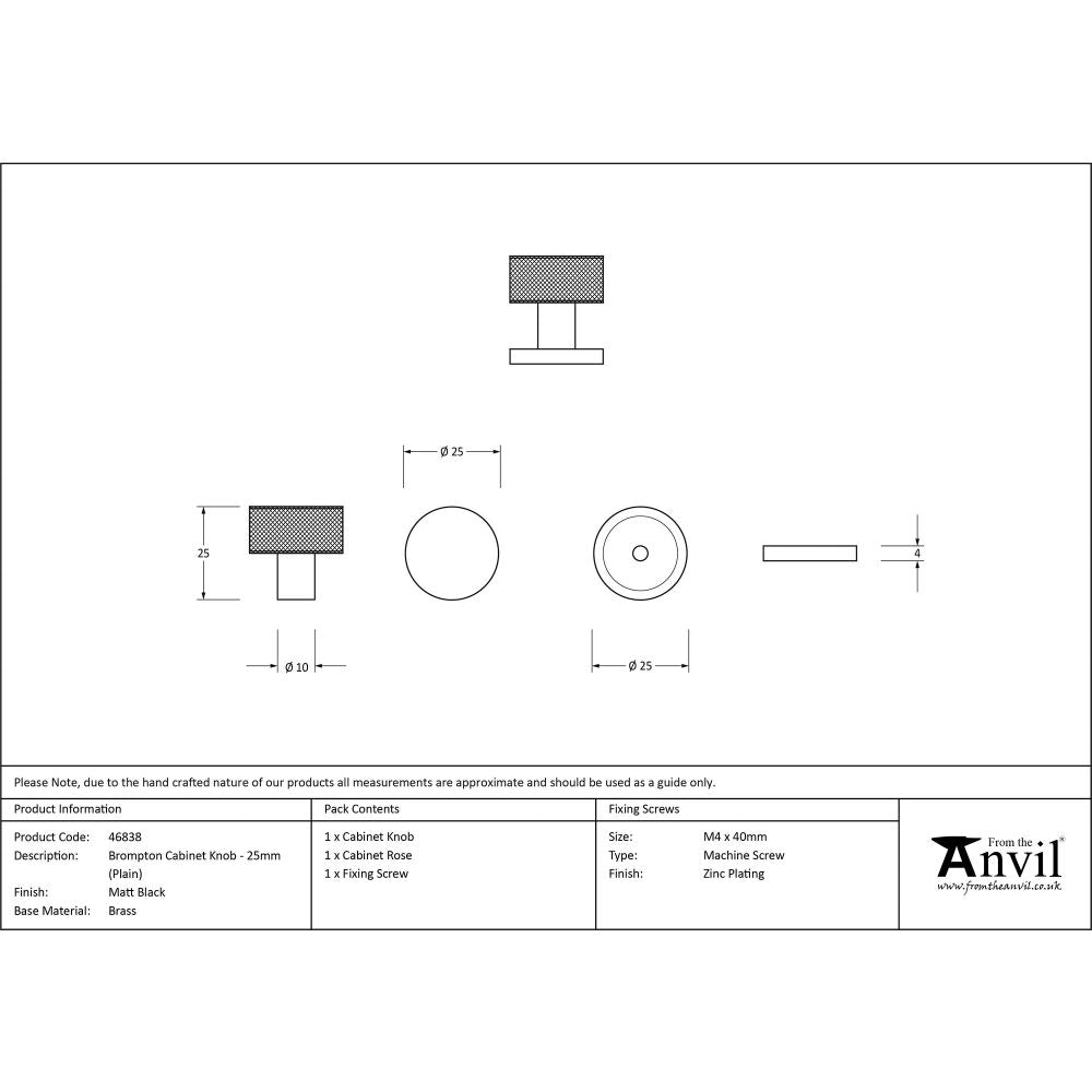 This is an image showing From The Anvil - Matt Black Brompton Cabinet Knob - 25mm (Plain) available from trade door handles, quick delivery and discounted prices