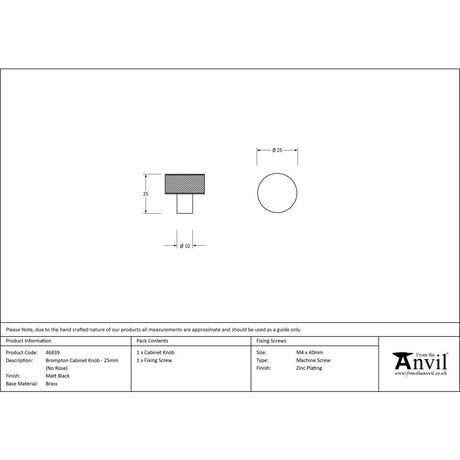 This is an image showing From The Anvil - Matt Black Brompton Cabinet Knob - 25mm (No rose) available from trade door handles, quick delivery and discounted prices