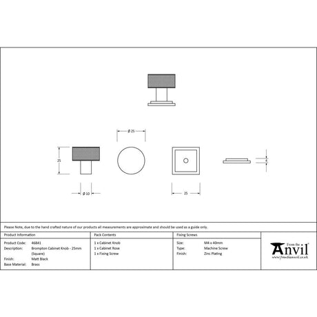 This is an image showing From The Anvil - Matt Black Brompton Cabinet Knob - 25mm (Square) available from trade door handles, quick delivery and discounted prices