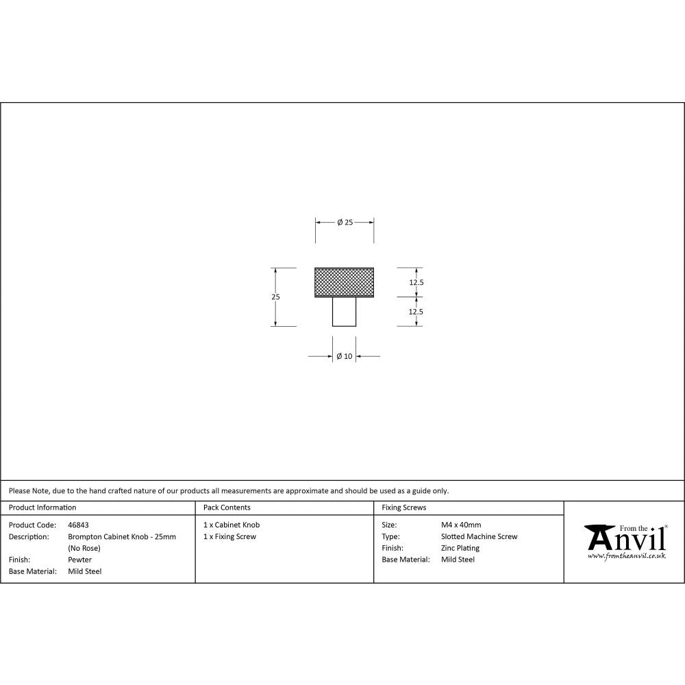 This is an image showing From The Anvil - Pewter Brompton Cabinet Knob - 25mm (No rose) available from trade door handles, quick delivery and discounted prices