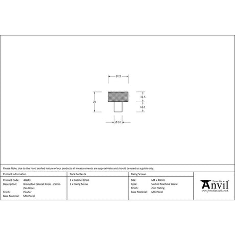 This is an image showing From The Anvil - Pewter Brompton Cabinet Knob - 25mm (No rose) available from trade door handles, quick delivery and discounted prices