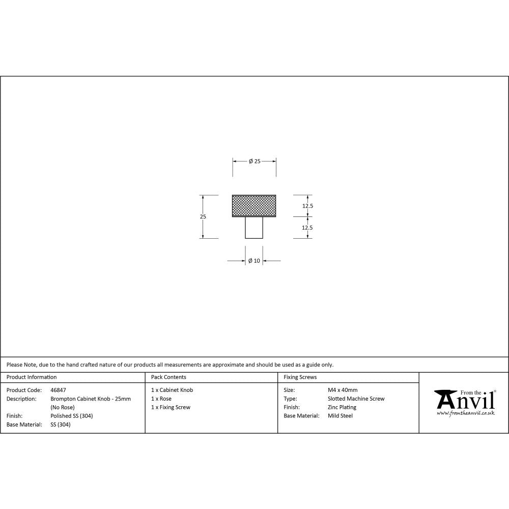 This is an image showing From The Anvil - Polished SS (304) Brompton Cabinet Knob - 25mm (No rose) available from trade door handles, quick delivery and discounted prices