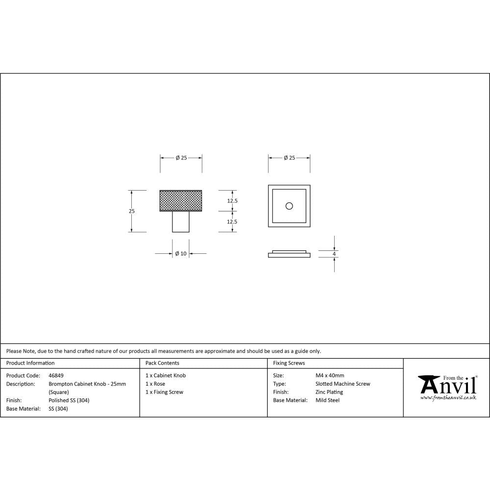 This is an image showing From The Anvil - Polished SS (304) Brompton Cabinet Knob - 25mm (Square) available from trade door handles, quick delivery and discounted prices
