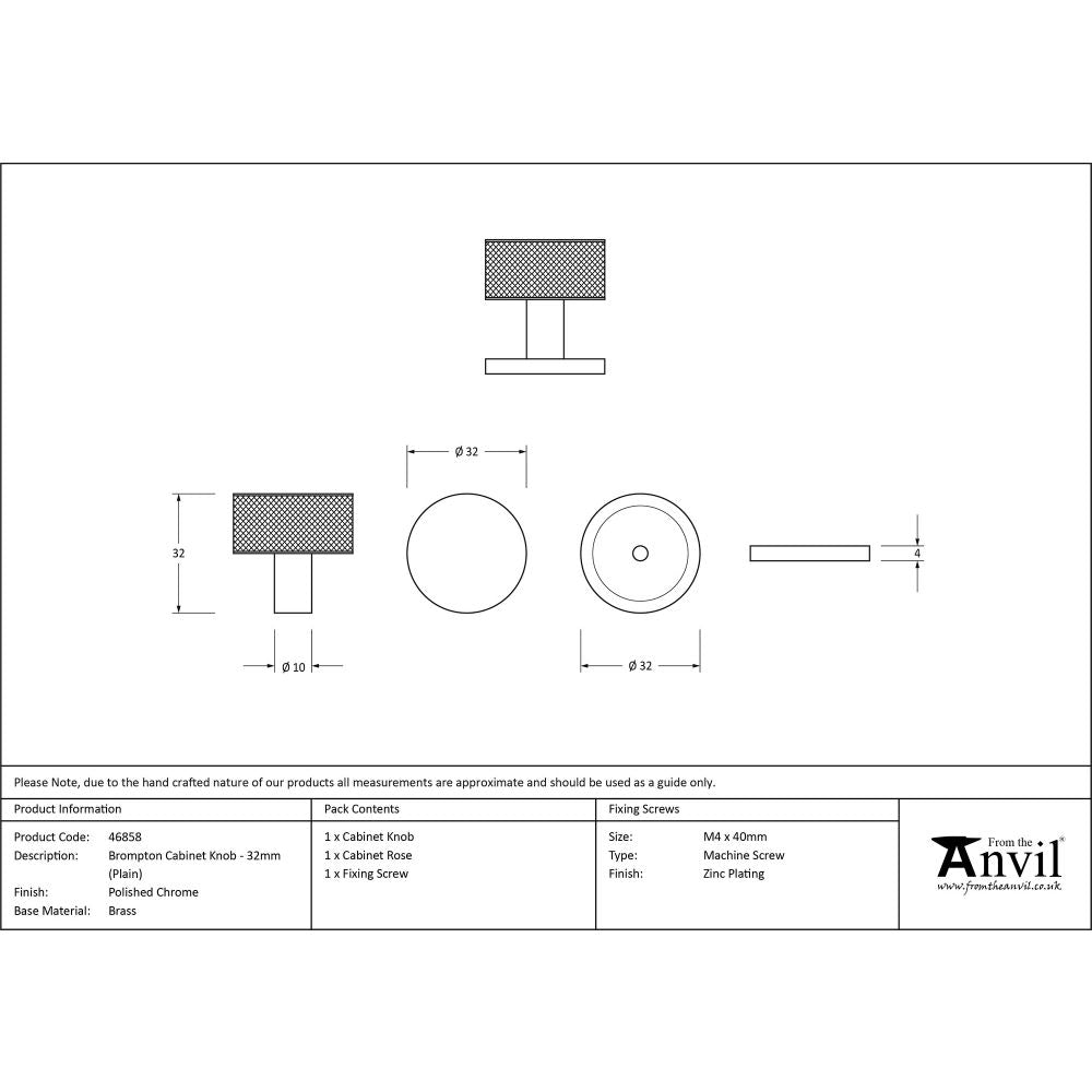 This is an image showing From The Anvil - Polished Chrome Brompton Cabinet Knob - 32mm (Plain) available from trade door handles, quick delivery and discounted prices