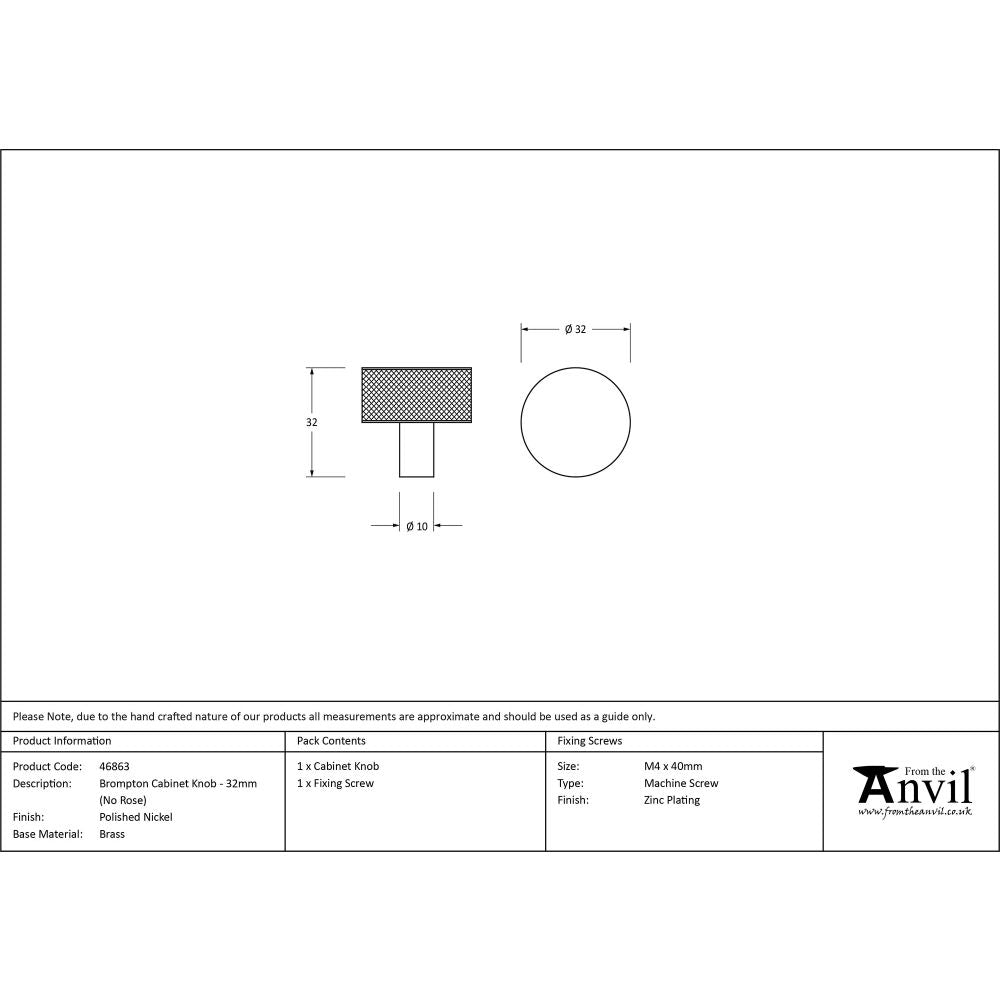 This is an image showing From The Anvil - Polished Nickel Brompton Cabinet Knob - 32mm (No rose) available from trade door handles, quick delivery and discounted prices