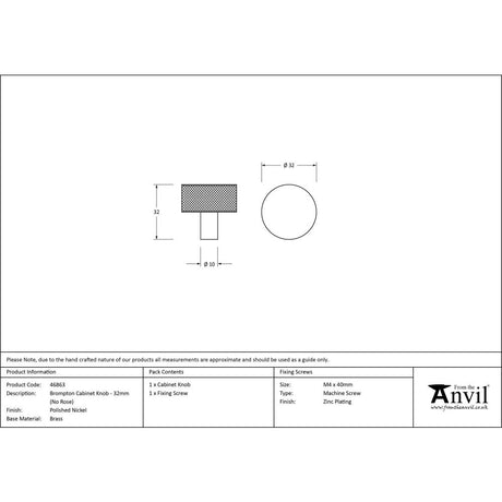 This is an image showing From The Anvil - Polished Nickel Brompton Cabinet Knob - 32mm (No rose) available from trade door handles, quick delivery and discounted prices