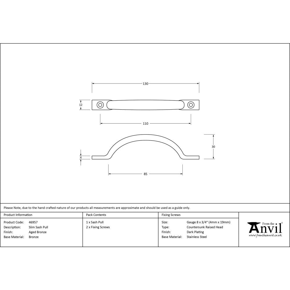 This is an image showing From The Anvil - Aged Bronze Slim Sash Pull available from trade door handles, quick delivery and discounted prices