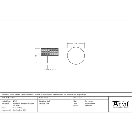 This is an image showing From The Anvil - Satin SS (304) Brompton Cabinet Knob - 38mm (No rose) available from trade door handles, quick delivery and discounted prices