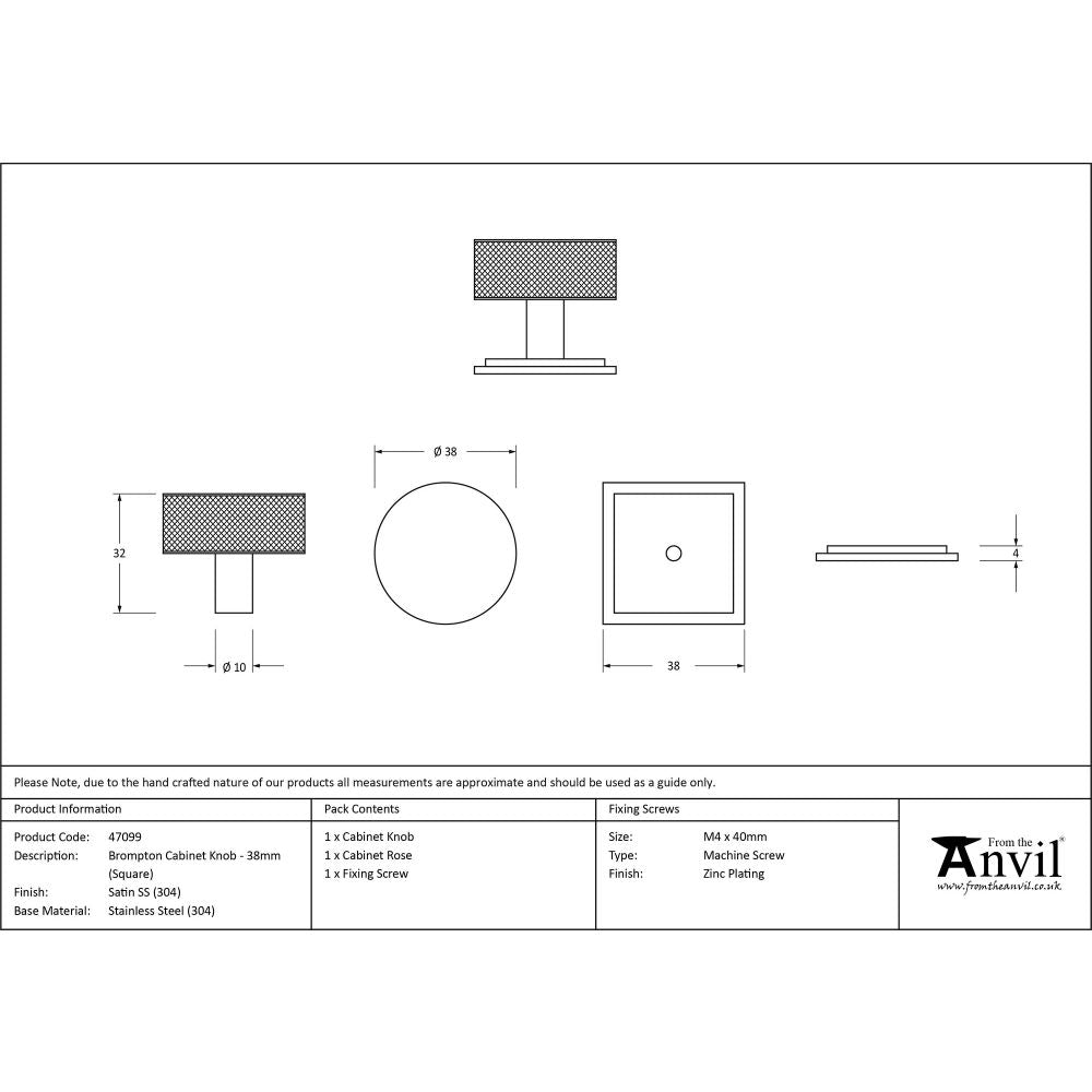 This is an image showing From The Anvil - Satin SS (304) Brompton Cabinet Knob - 38mm (Square) available from trade door handles, quick delivery and discounted prices