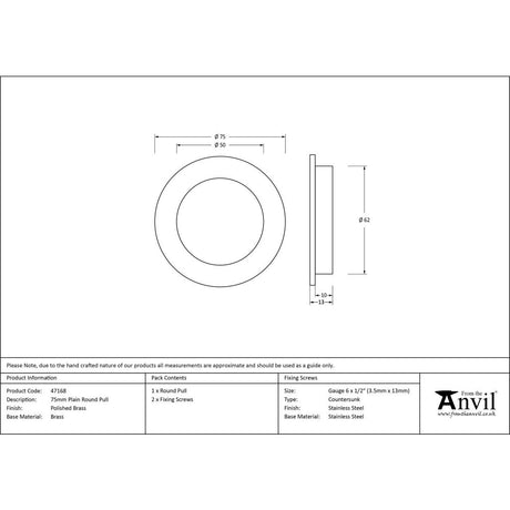 This is an image showing From The Anvil - Polished Brass 75mm Plain Round Pull available from trade door handles, quick delivery and discounted prices