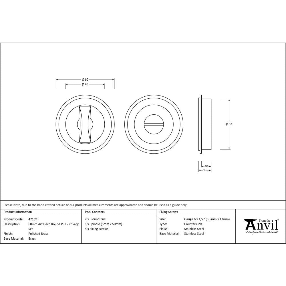 This is an image showing From The Anvil - Polished Brass 60mm Art Deco Round Pull - Privacy Set available from trade door handles, quick delivery and discounted prices