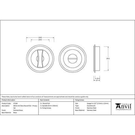 This is an image showing From The Anvil - Polished Brass 60mm Art Deco Round Pull - Privacy Set available from trade door handles, quick delivery and discounted prices