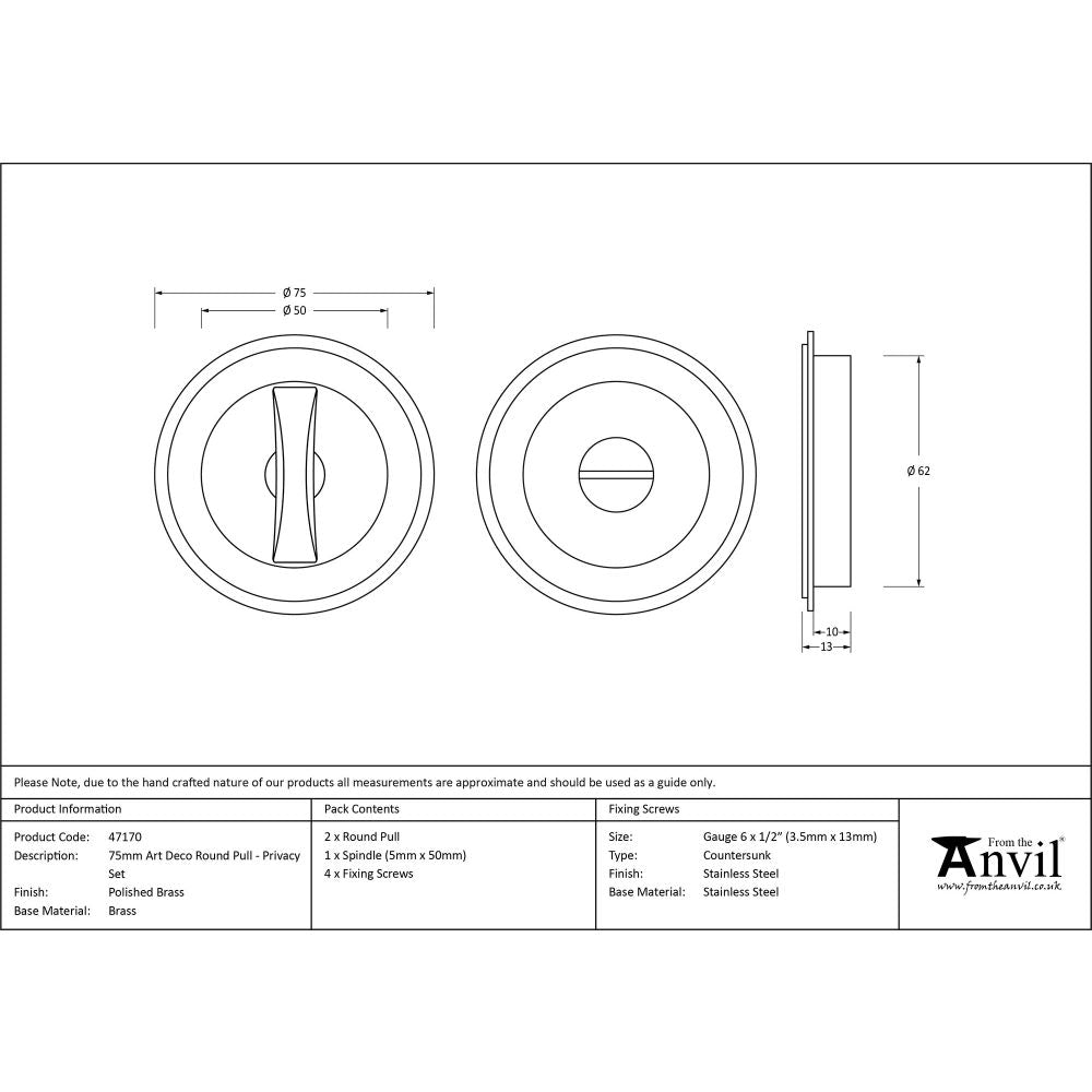 This is an image showing From The Anvil - Polished Brass 75mm Art Deco Round Pull - Privacy Set available from trade door handles, quick delivery and discounted prices