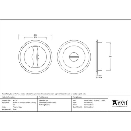 This is an image showing From The Anvil - Polished Brass 75mm Art Deco Round Pull - Privacy Set available from trade door handles, quick delivery and discounted prices