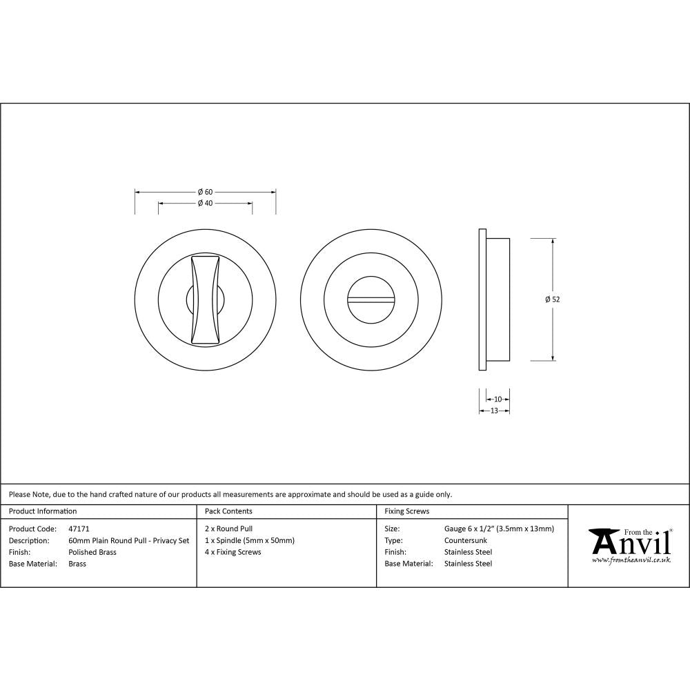 This is an image showing From The Anvil - Polished Brass 60mm Plain Round Pull - Privacy Set available from trade door handles, quick delivery and discounted prices