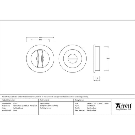 This is an image showing From The Anvil - Polished Brass 60mm Plain Round Pull - Privacy Set available from trade door handles, quick delivery and discounted prices