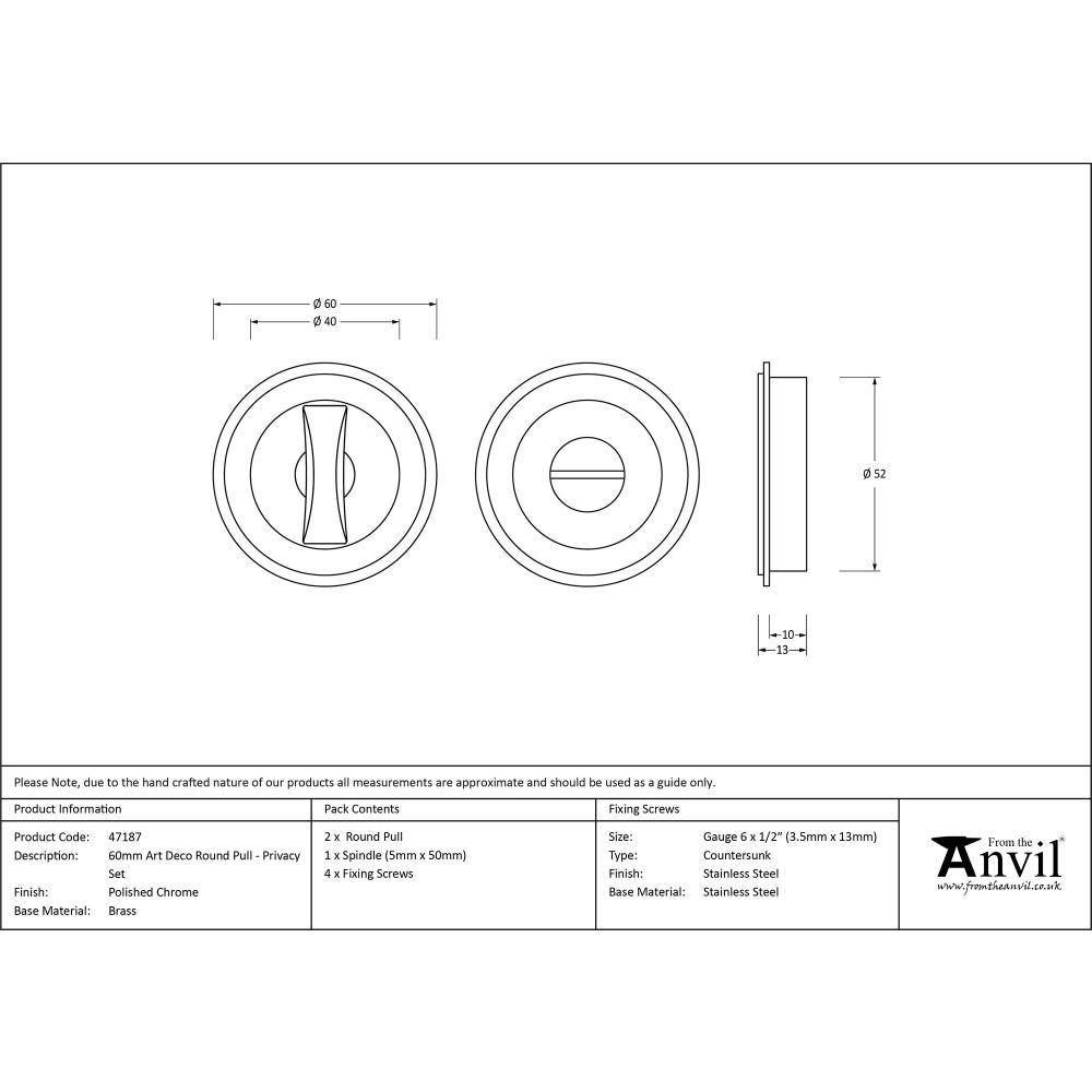 This is an image showing From The Anvil - Polished Chrome 60mm Art Deco Round Pull - Privacy Set available from trade door handles, quick delivery and discounted prices