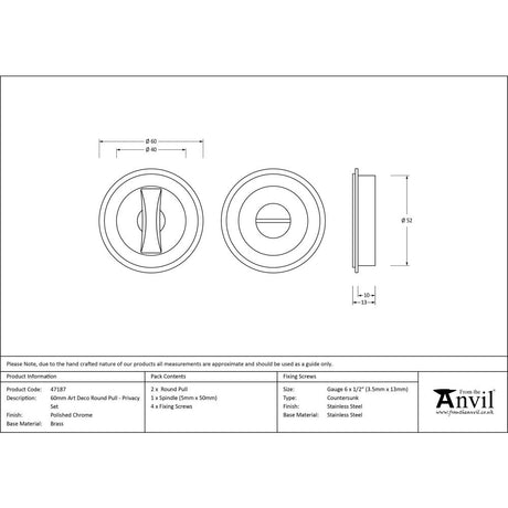 This is an image showing From The Anvil - Polished Chrome 60mm Art Deco Round Pull - Privacy Set available from trade door handles, quick delivery and discounted prices