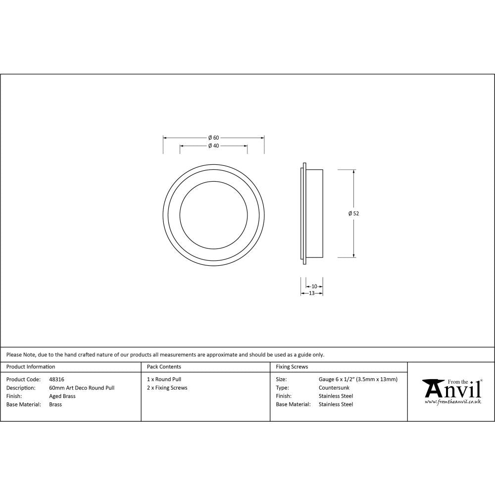 This is an image showing From The Anvil - Aged Brass 60mm Art Deco Round Pull available from trade door handles, quick delivery and discounted prices