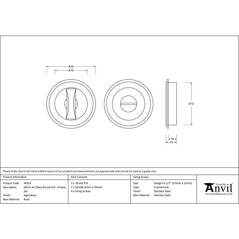 This is an image showing From The Anvil - Aged Brass 60mm Art Deco Round Pull - Privacy Set available from trade door handles, quick delivery and discounted prices