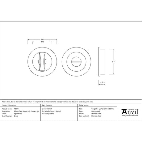 This is an image showing From The Anvil - Aged Brass 60mm Plain Round Pull - Privacy Set available from trade door handles, quick delivery and discounted prices