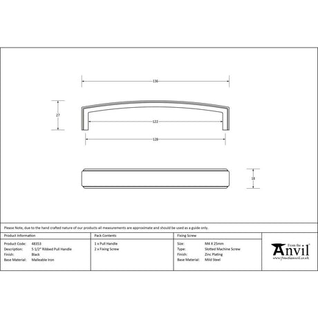 This is an image showing From The Anvil - Black 5 1/2" Ribbed Pull Handle available from trade door handles, quick delivery and discounted prices