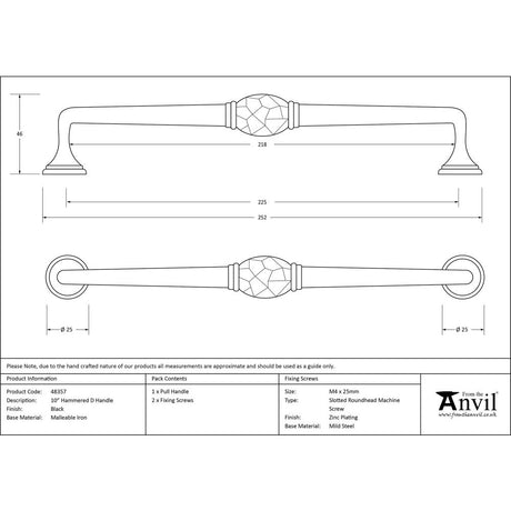 This is an image showing From The Anvil - Black 10" Hammered D Handle available from trade door handles, quick delivery and discounted prices