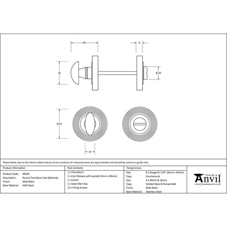 This is an image showing From The Anvil - Matt Black Round Thumbturn Set (Beehive) available from trade door handles, quick delivery and discounted prices