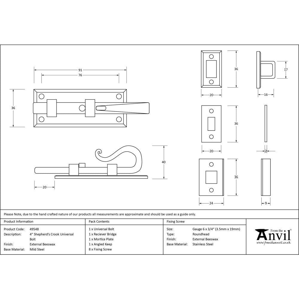 This is an image showing From The Anvil - External Beeswax 4" Shepherd's Crook Universal Bolt available from trade door handles, quick delivery and discounted prices