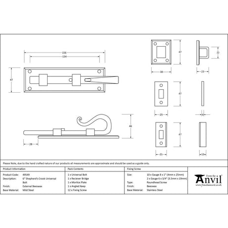 This is an image showing From The Anvil - External Beeswax 6" Shepherd's Crook Universal Bolt available from trade door handles, quick delivery and discounted prices