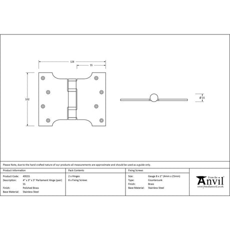 This is an image showing From The Anvil - Polished Brass 4" x 3" x 5"  Parliament Hinge (pair) ss available from trade door handles, quick delivery and discounted prices