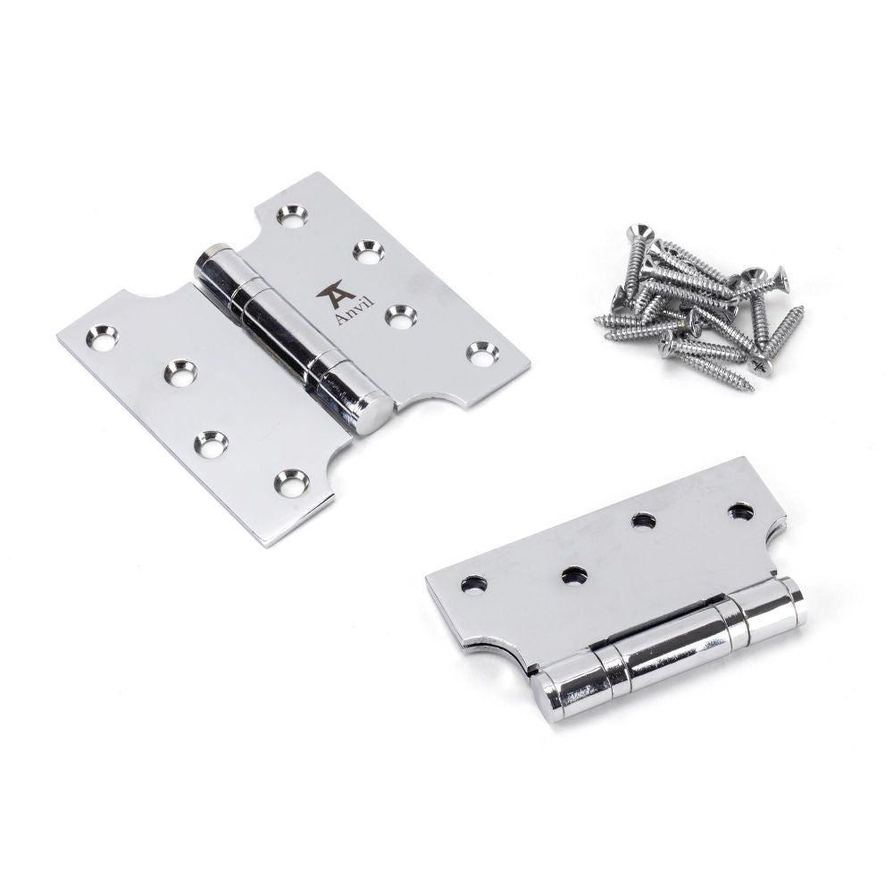 This is an image showing From The Anvil - Polished Chrome 4" x 2" x 4"  Parliament Hinge (pair) ss available from trade door handles, quick delivery and discounted prices