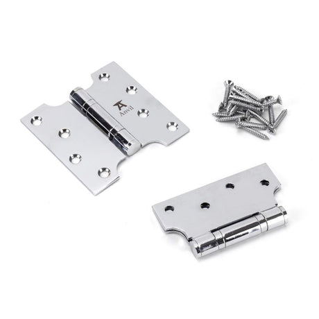 This is an image showing From The Anvil - Polished Chrome 4" x 2" x 4"  Parliament Hinge (pair) ss available from trade door handles, quick delivery and discounted prices