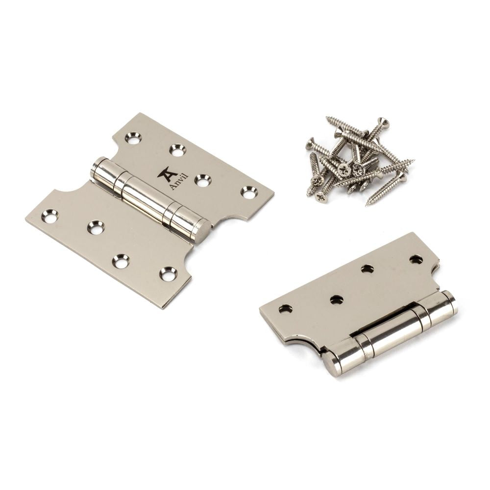 This is an image showing From The Anvil - Polished Nickel 4" x 2" x 4"  Parliament Hinge (pair) ss available from trade door handles, quick delivery and discounted prices