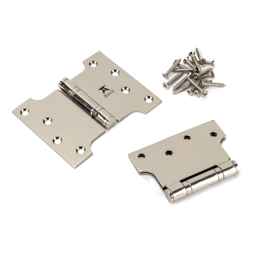 This is an image showing From The Anvil - Polished Nickel 4" x 3" x 5"  Parliament Hinge (pair) ss available from trade door handles, quick delivery and discounted prices