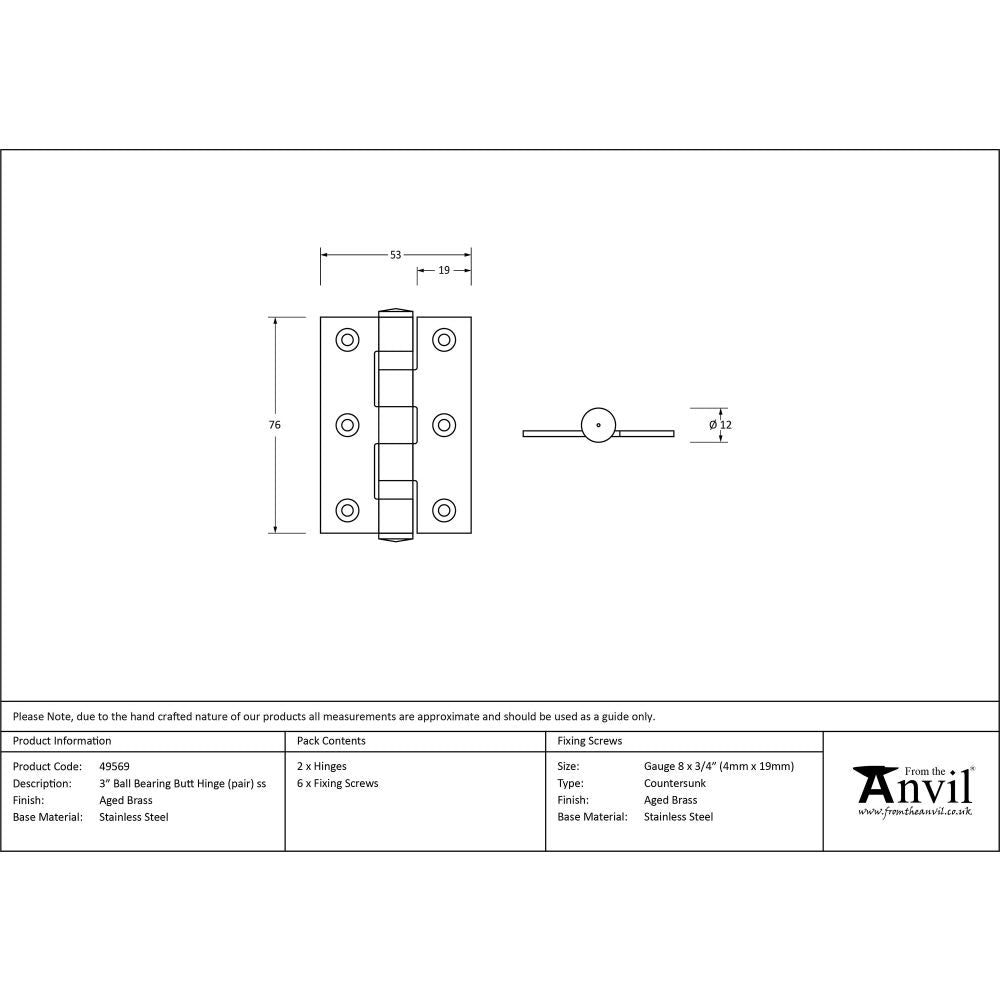 This is an image showing From The Anvil - Aged Brass 3" Ball Bearing Butt Hinge (pair) ss available from trade door handles, quick delivery and discounted prices