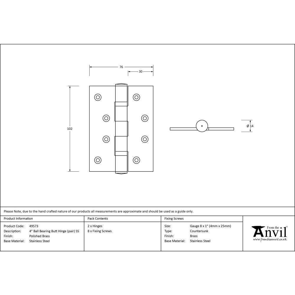 This is an image showing From The Anvil - Polished Brass 4" Ball Bearing Butt Hinge (pair) ss available from trade door handles, quick delivery and discounted prices