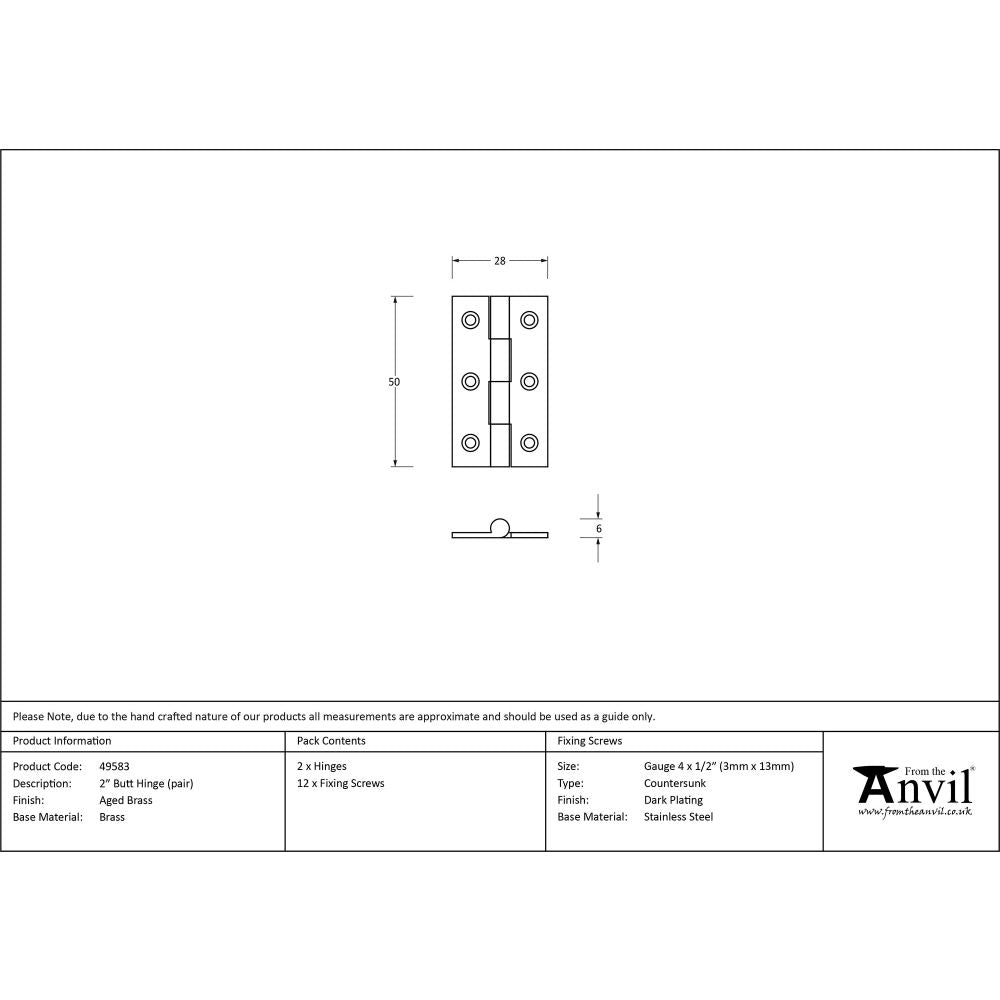 This is an image showing From The Anvil - Aged Brass 2" Butt Hinge (pair) available from trade door handles, quick delivery and discounted prices