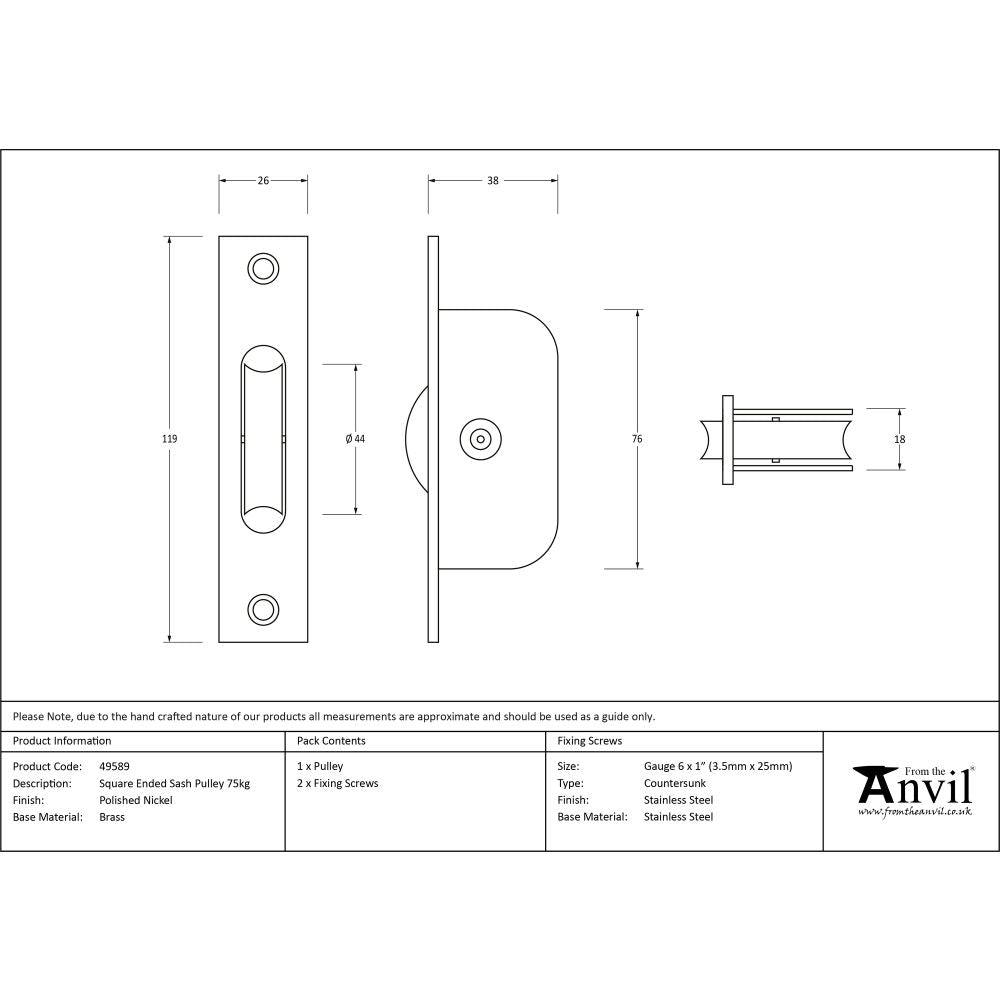 This is an image showing From The Anvil - Polished Nickel Square Ended Sash Pulley 75kg available from trade door handles, quick delivery and discounted prices