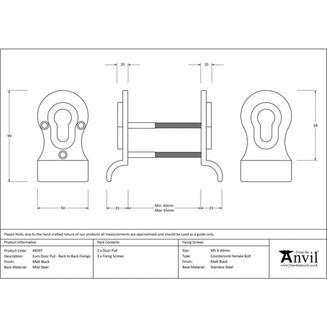 This is an image showing From The Anvil - Matt Black 50mm Euro Door Pull (Back to Back fixing) available from trade door handles, quick delivery and discounted prices