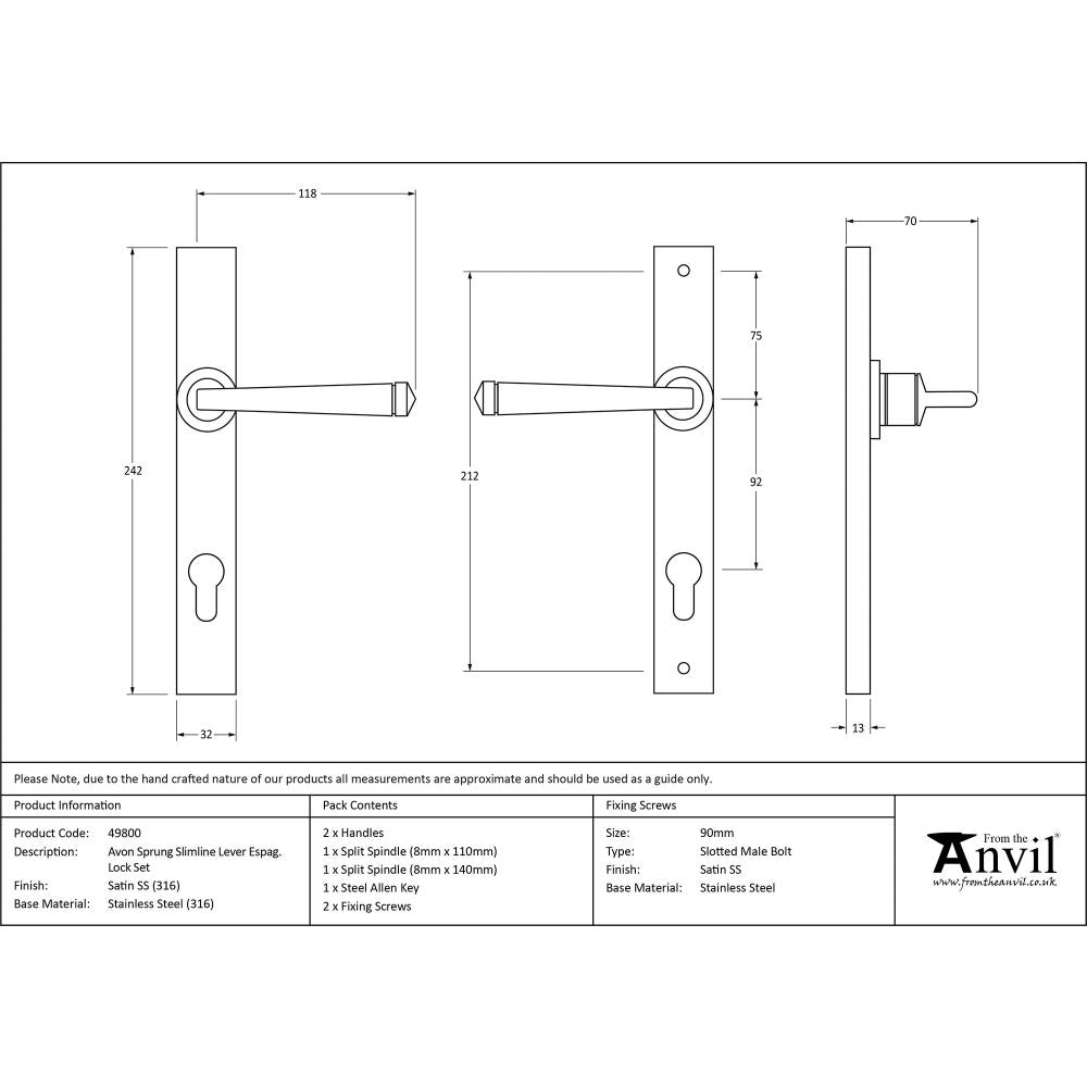 This is an image showing From The Anvil - Satin Marine SS (316) Avon Slimline Lever Espag. Lock Set available from trade door handles, quick delivery and discounted prices