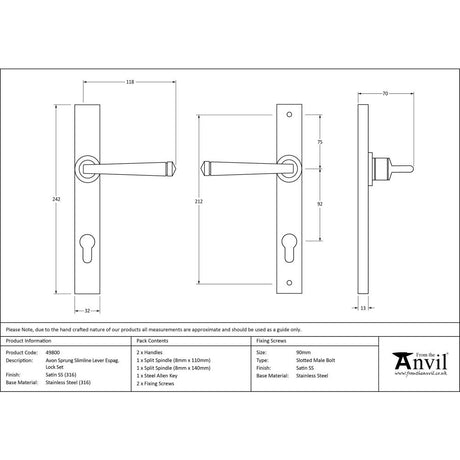 This is an image showing From The Anvil - Satin Marine SS (316) Avon Slimline Lever Espag. Lock Set available from trade door handles, quick delivery and discounted prices