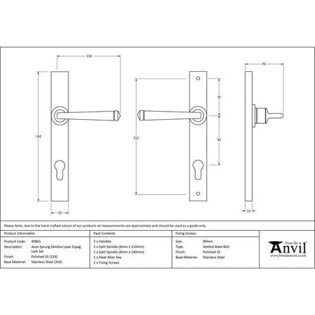 This is an image showing From The Anvil - Polished Marine SS (316) Avon Slimline Lever Espag. Lock Set available from trade door handles, quick delivery and discounted prices