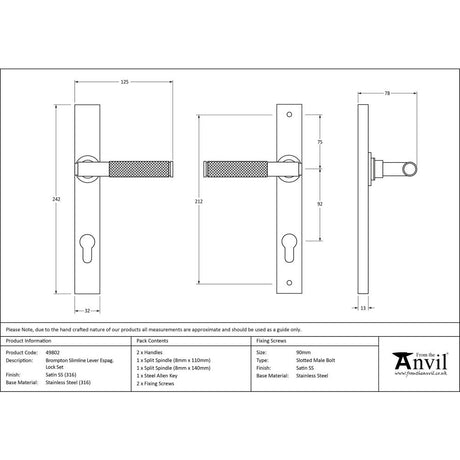 This is an image showing From The Anvil - Satin Marine SS (316) Brompton Slimline Espag. Lock Set available from trade door handles, quick delivery and discounted prices