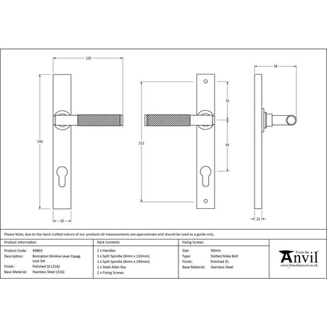 This is an image showing From The Anvil - Polished Marine SS (316) Brompton Slimline Espag. Lock Set available from trade door handles, quick delivery and discounted prices