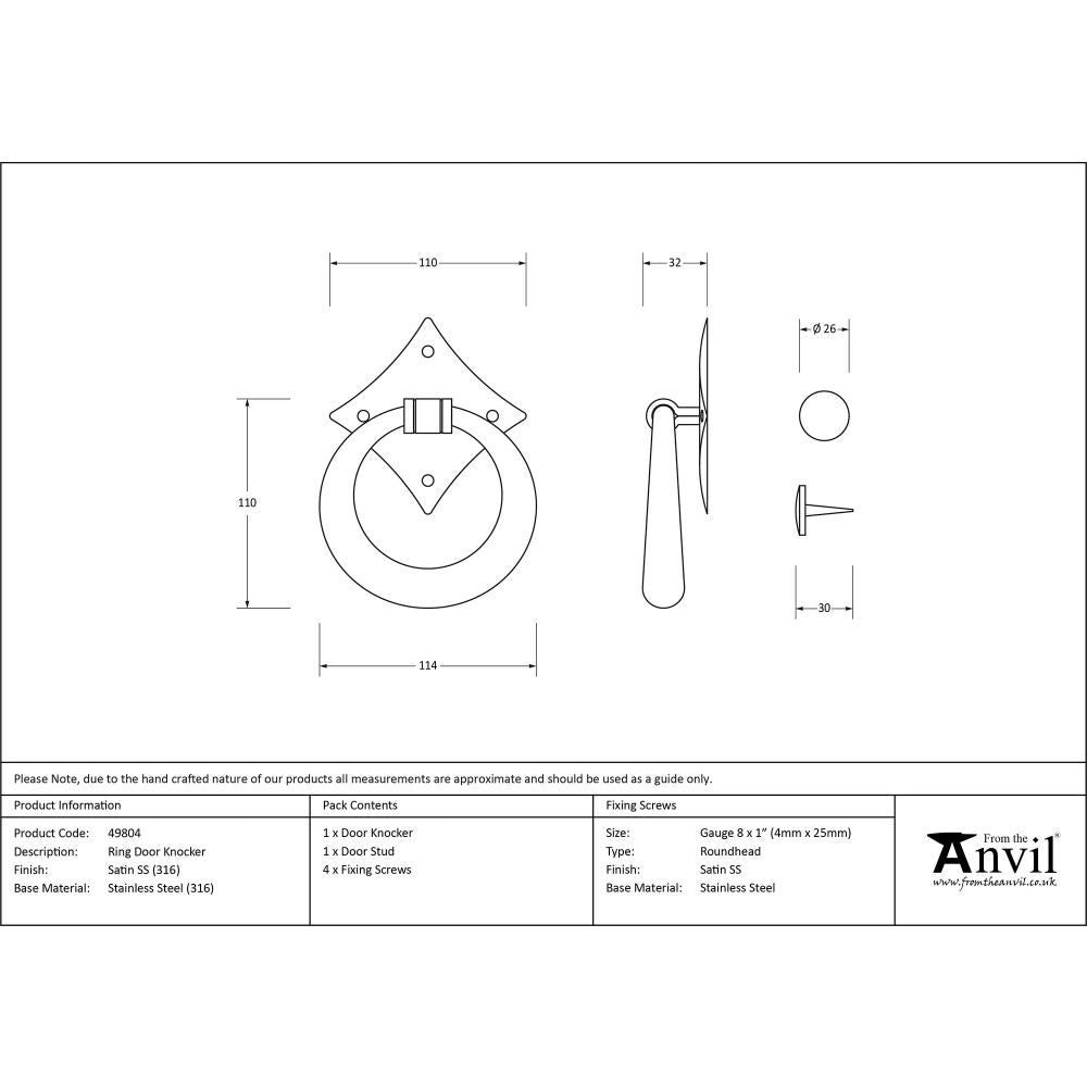 This is an image showing From The Anvil - Satin Marine SS (316) Ring Door Knocker available from trade door handles, quick delivery and discounted prices